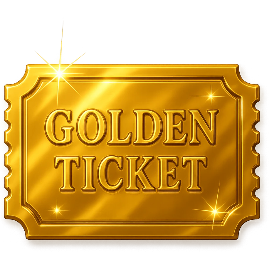 a luxurious golden ticket with a glossy finish, shiny gold, reflective, embossed details, sparkles and shine emoji
