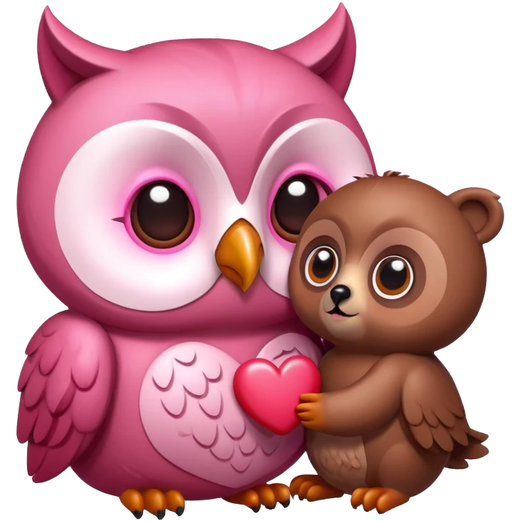 a pink owl in love with a bear, heart eyes, romantic emoji