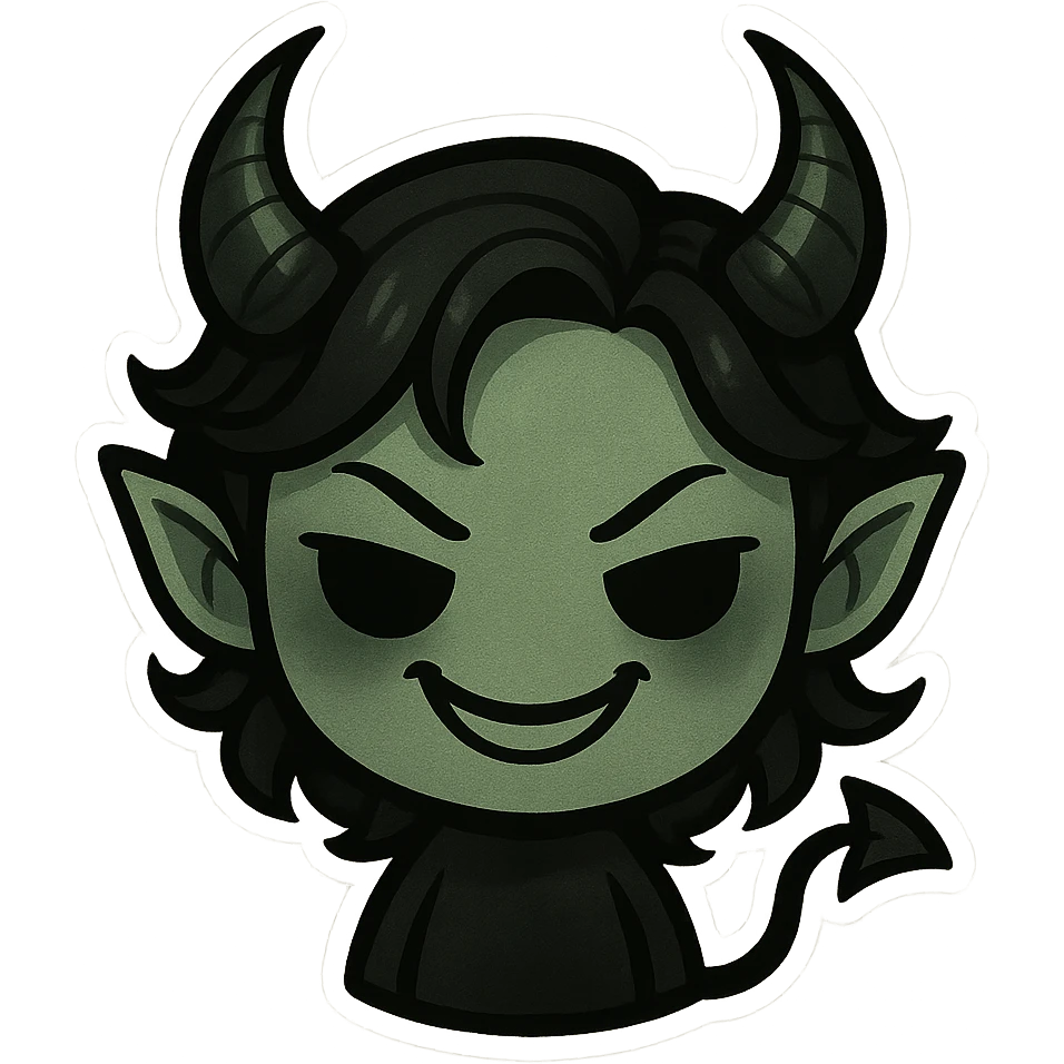 devil emoji in chibi style with gothic palette black and green, elegant horns, sinister smile emoji