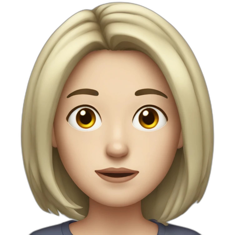 young white woman with mid length black hair, freckles and tired emoji