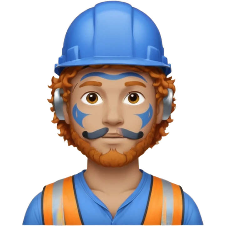 construction worker man ginger curly hair, blue helmet, very heavy dark face tattoo emoji