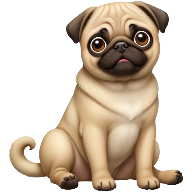 detailed-[pug]-realistic-full-body-sitting-emoji,-tail-resting-loosely-beside-its-paws,-head-tilted-dramatically, -sleek-fur,-simplified-yet-realistic-focused-features,-highly-detailed,-glowing-with-an-almost-sarcastic-glow emoji