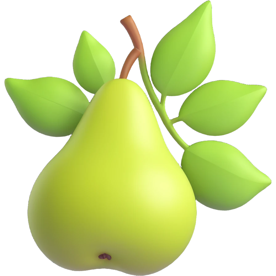 one pear with two large leaves, 3D iOS style, volumetric shapes, pastel colors, soft lighting, modern iOS icon style, no background emoji