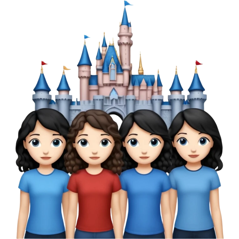 Castillo de Disney y por detrás o delante pon a quatro chicas: una con el pelo largo rizado marrón , otra con el pelo muy corto negro, como un chico, otra con el pelo mediano liso marrón con ojos azulesy otra con el pelo negro largo liso . Todos son color carne.  emoji