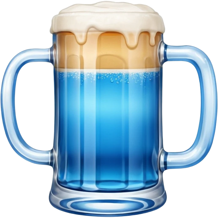 A large clear glass mug with a bright blue liquid inside.  Make the mug thicker and white/clear, not blue. beer stein. Handle is not blue. The walls of the mug are very thick and white emoji