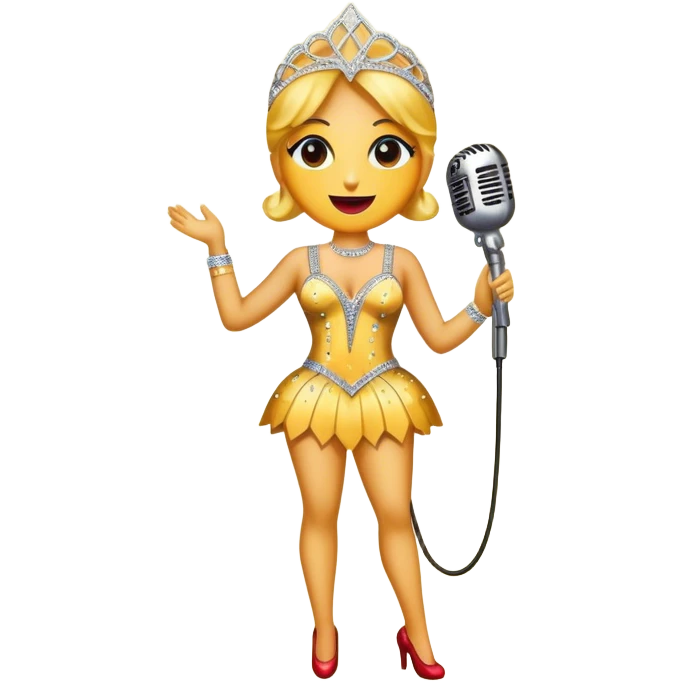 Create a glamorous and eye-catching emoji representing stage vocals, featuring a vintage stage microphone as the central element. Surround the microphone with a vibrant, sparkling stage costume covered in rhinestones, capturing the essence of a classic stage performance. The costume should be flashy, with shiny accents and a dazzling effect to evoke the energy and elegance of a live performance. Add subtle musical notes floating around to emphasize the connection to singing. Use bright, bold colors like gold, silver, and deep reds, along with glittering details to create a luxurious and dynamic atmosphere. The background should be transparent. emoji