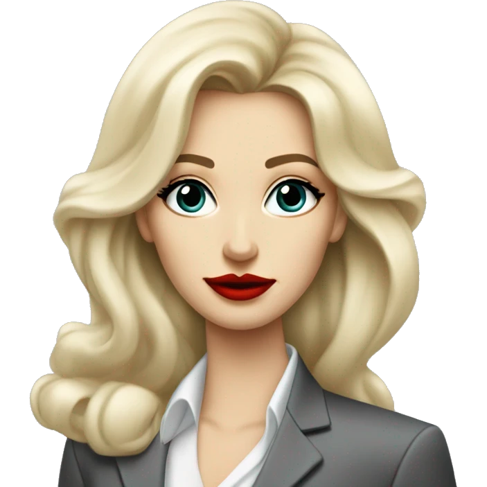 Russian Blonde long hair with big red lips small nose and black eyes Tiffany diamond seller in a grey suit emoji