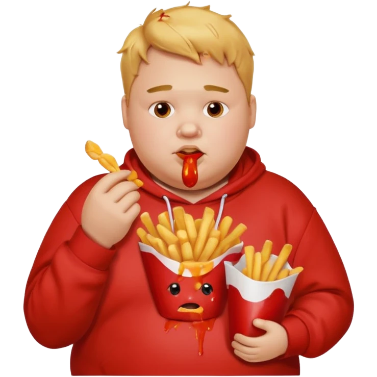 Fat boy, eating fries with ketchup, stains on his face and his sweatshirt emoji