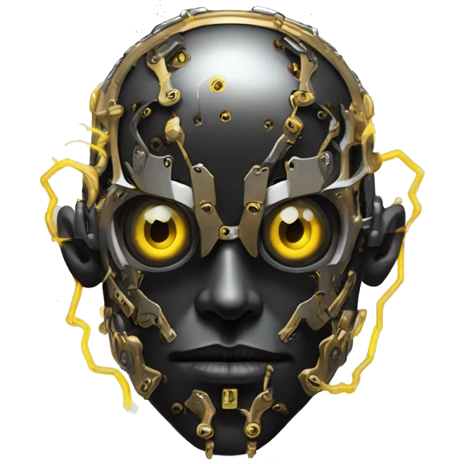 black metal male cyborg head with  one artificial eyeball, circuitry, goatee and dreaded yellow gold hair emoji