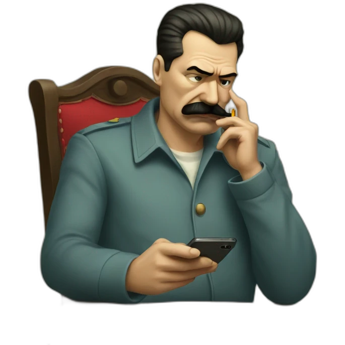 Depressed looking stalin looking at social media on phone and smoking a cigarette emoji