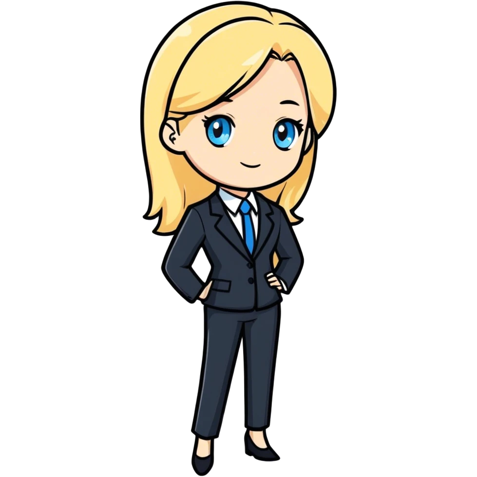 A blond girl blue eyes wearing a Business Outfit, whole body emoji
