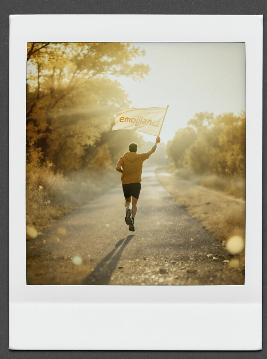 happy runner waving a flag that says 'emojiland' emoji