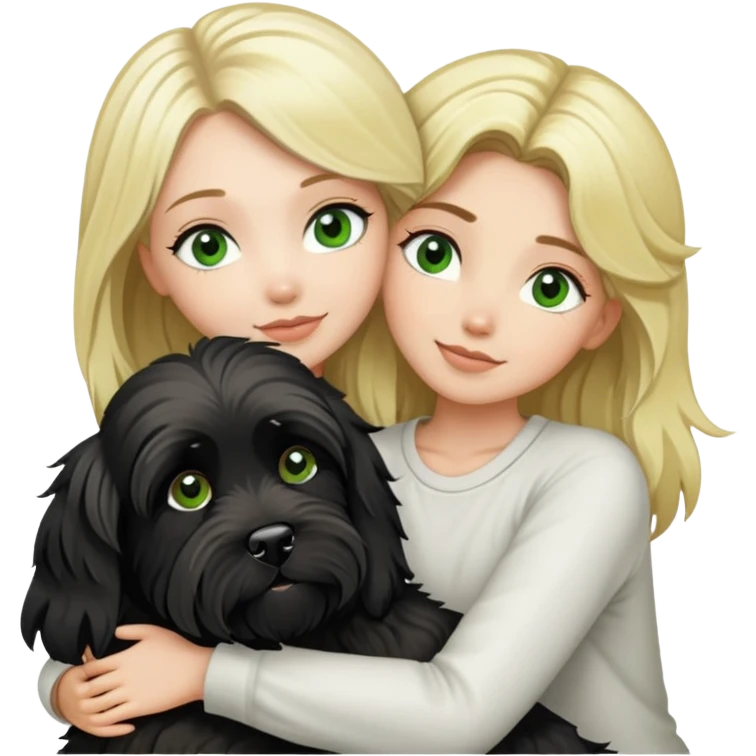 blonde green eyed girl hugging black tibet terrier dog emoji
