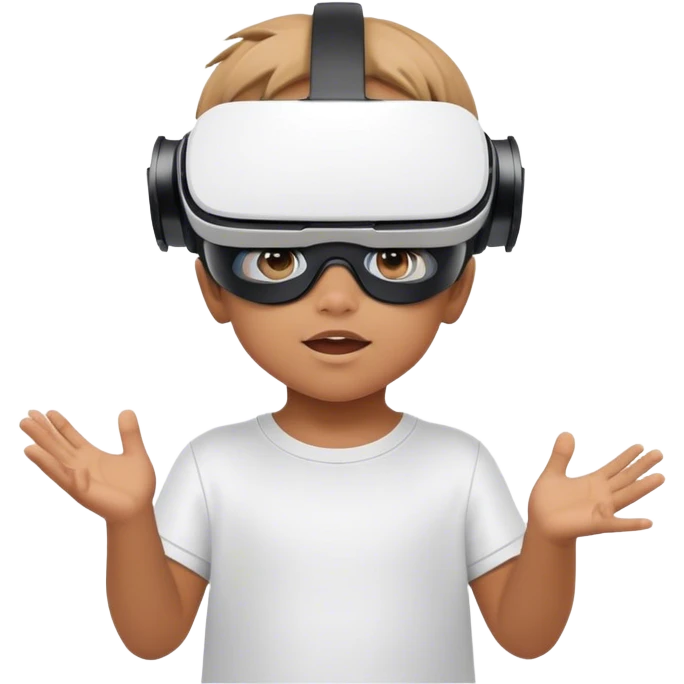 Child wearing virtual reality glasses, with a curious and engaged expression, exploring the digital world through VR technology. emoji