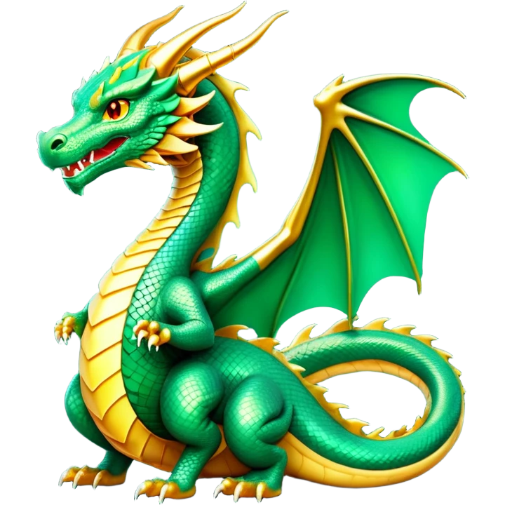 cinematic-noble-dragon-full body-emoji,-poised-and-majestic,-with-a-sinuous,-elongated-build-and-shimmering,-scale-covered-skin-in-hues-of-emerald-and-gold,-piercing,-fiery-eyes,-simplified-yet-sharp-and-sophisticated-features,-highly-detailed, zoomed out showing the serpentine body emoji