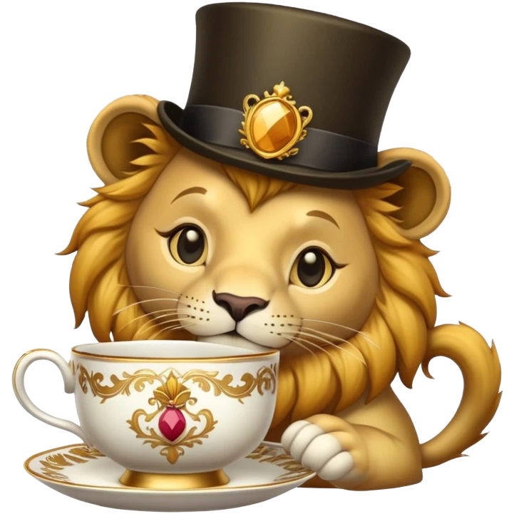 Lion wearing a top hat holding a cup emoji