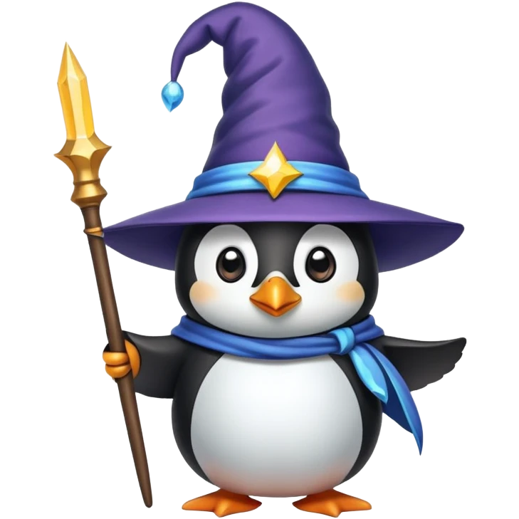 penguin wizard with magic wand and pointy hat emoji
