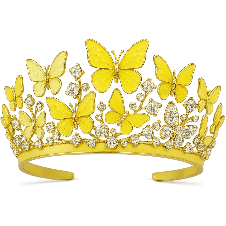 butterfly crown with a lemon yellow base, butterflies in pale and bright yellow enamel, sparkling gems emoji