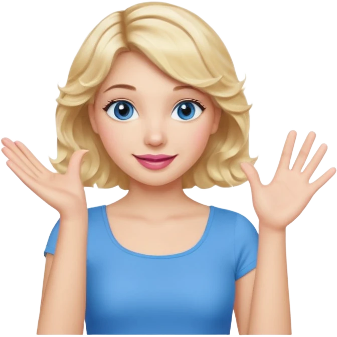 Girl Blonde short wavy hair,  blue eyes, cute blue top, long lashes, pink lips, smiling, one hand palm up emoji