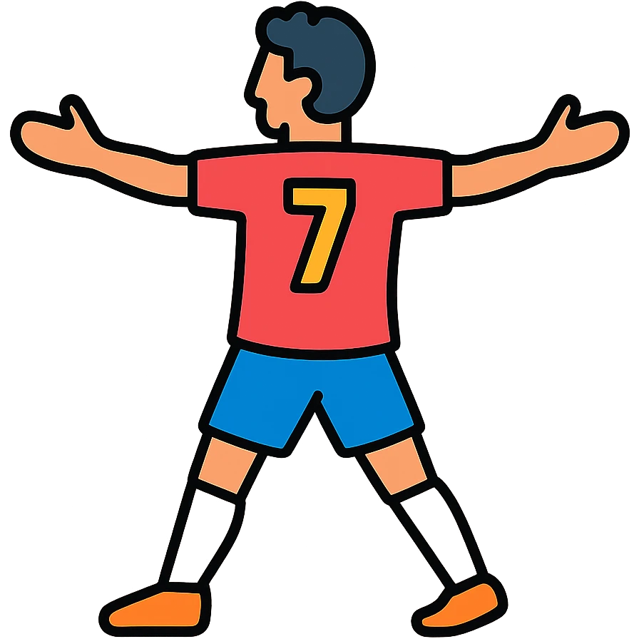 Cristiano Ronaldo soccer player with number 7 jersey, striking a celebration pose with arms spread emoji