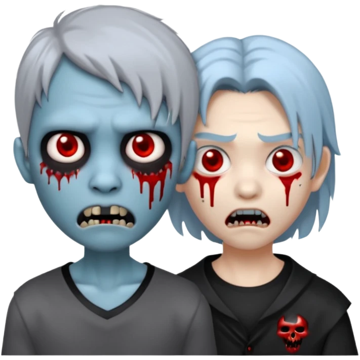 Create a 3D emoji-style avatar with very pale blue-grey zombie skin like the reference image, a young Asian face, and large eyes with blood tears. Give it white mullet-style hair, silver hoop earrings, and a plain black T-shirt. The face expression should be slightly angry, with vampire fang emoji