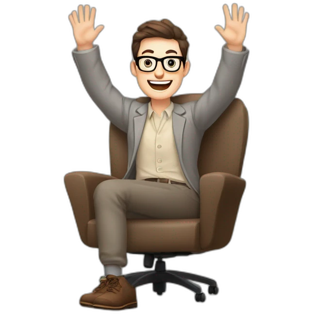Joyful Celebrating victory Hands up Pale skinned Fit Man With dark brown hair in gray jacket, beige office shirt, Brown pants and vintage glasses sitting In a soft chair emoji