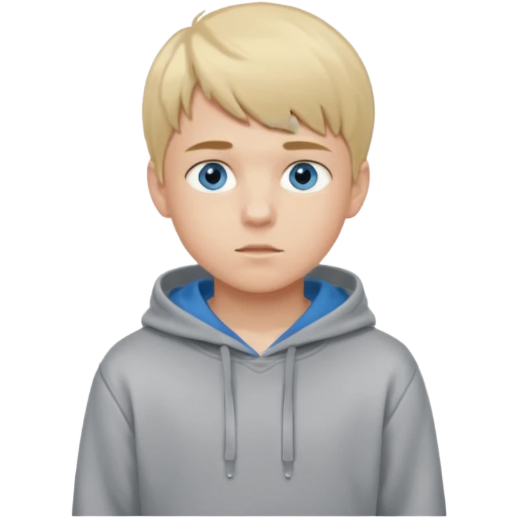 Teen boy with blue eyes and a Grey hoodie who stands up with blond short hair and short bangs emoji