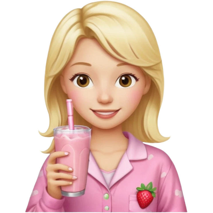 Ein Blondes mädchen was einen erdbeershake trinkt und blond ist und eine rosa ne Pyjama an hat emoji