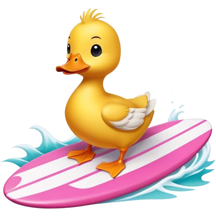 A cute small duck surfing on a really big pink surf board emoji