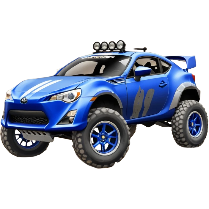 LCG Armored Dirty raced redneck jacked 2013 scion fr-s ultramarine off road 4wd monster Baja dessert stadium rock racer number 86 with long travel swing arm suspension, shiny silver wheels, exaggerated wide black fender flares and trailer  emoji
