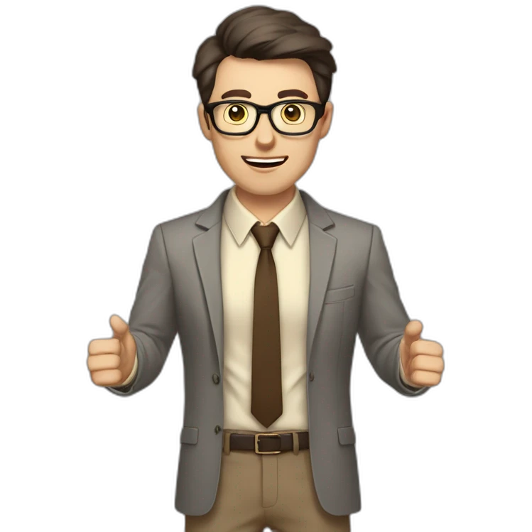 To belt Actively gesturing with hands Pale skinned fit man teacher with dark brown hair in gray jacket, beige office shirt, brown tie, brown pants and vintage glasses. emoji