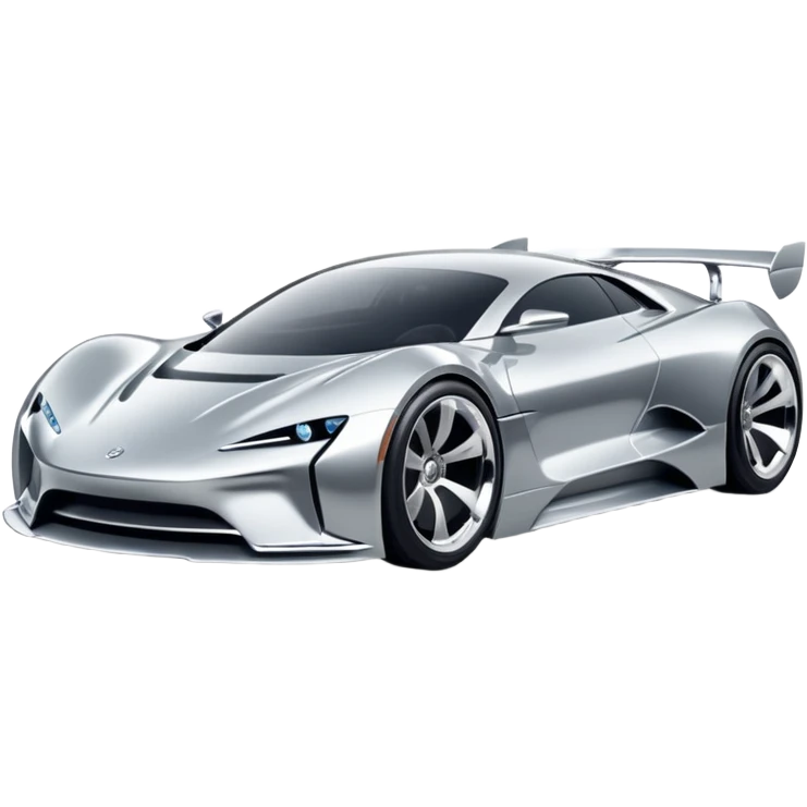 A low-profile futuristic car emoji made of polished silver chrome, wide body stance, smooth aerodynamic shape, glossy metallic surface, soft reflections, luxury swag aesthetic, minimal details, iOS emoji style, centered on clean white background, studio lighting emoji