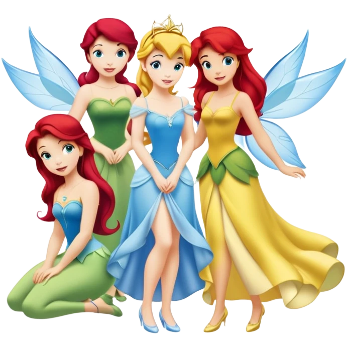 four minimal Disney princesses in one image: Belle with yellow dress, Tinkerbell with wings, Ariel with red hair and tail, Cinderella with blue dress emoji