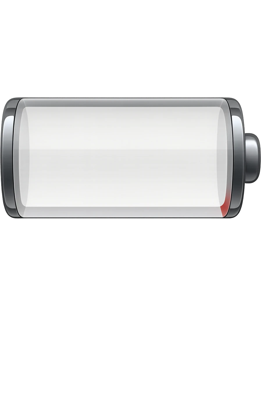 iPhone-style emoji of a battery that is almost empty, with a small red bar at the end indicating low energy. Clean, minimal, glossy look, transparent background. emoji