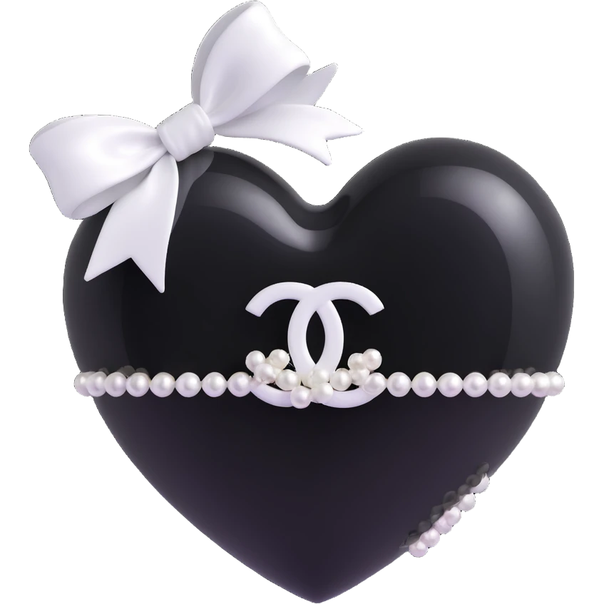 Add a white bow to the heart with pearls and white Chanel logo, keep it elegant, glossy, black and white, 3D emoji style. emoji