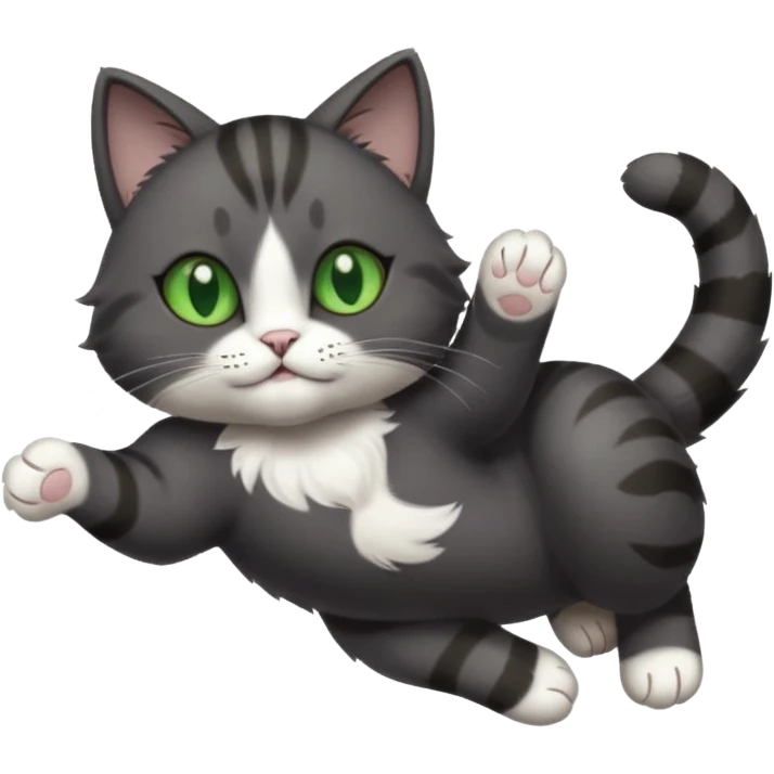 solid dark grey cat with green eyes, white toes/paws and white patch on her chest playfully rolling upside down emoji