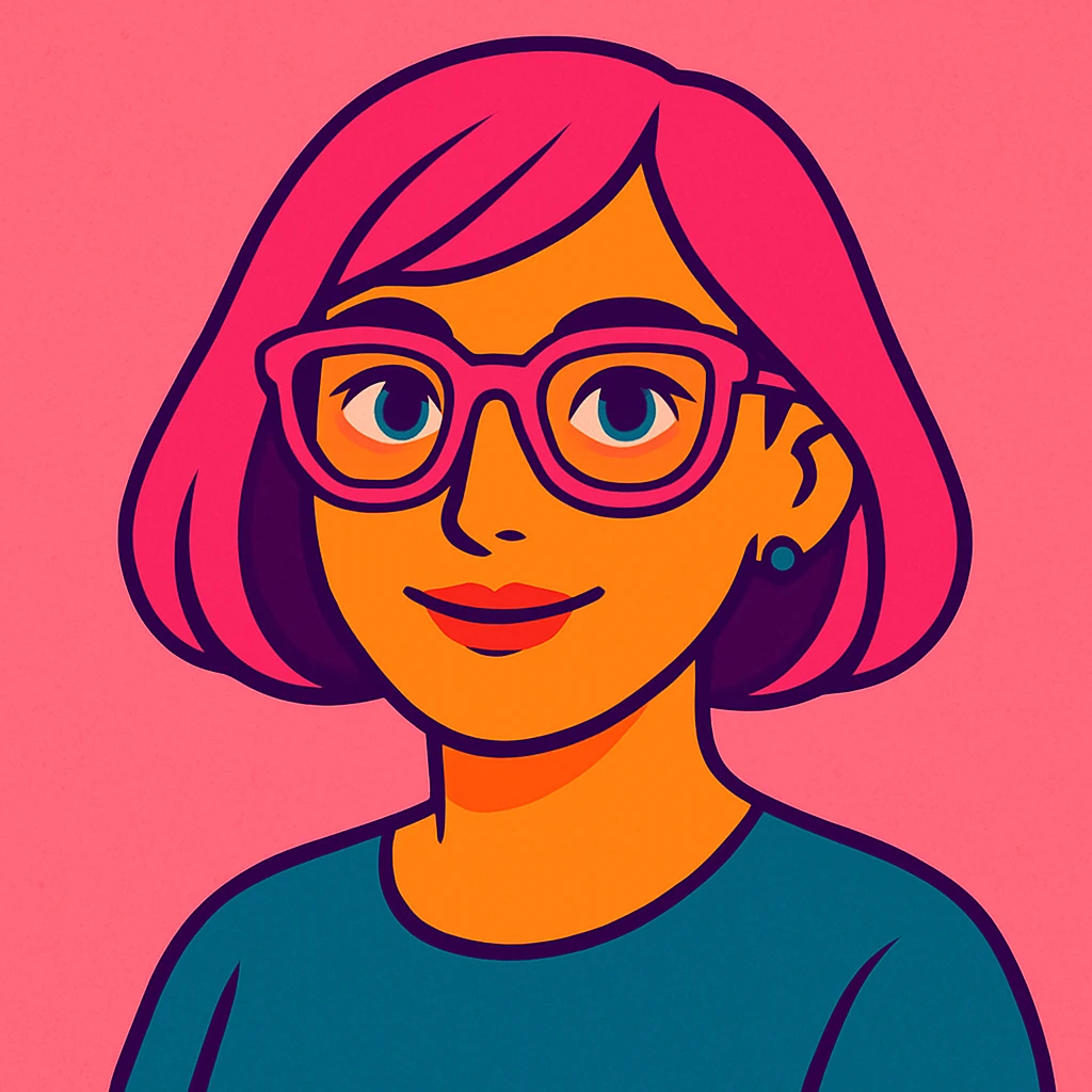 Make her look younger, no fringe on the pink bob haircut, add pink glasses and blue eyes, keep pink salt background, vibrant toon style emoji