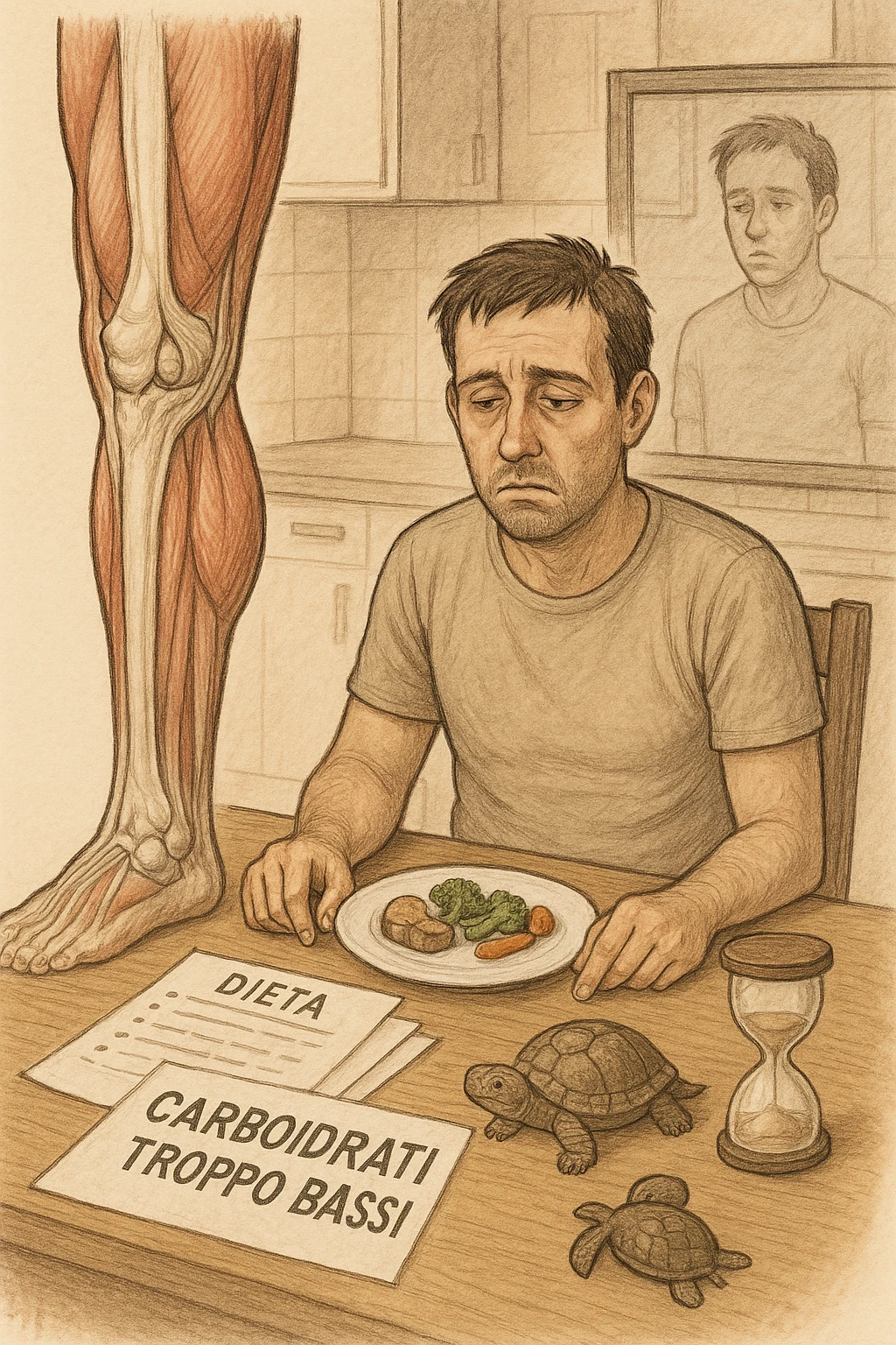illustrazione anatomica di gamba più Uomo sui 35 anni in cucina, con espressione affaticata e spenta, guarda un piatto con pochissimi carboidrati (solo qualche verdura e proteine). Accanto a lui, fogli con una dieta rigida e una scritta visibile: 'Carboidrati troppo bassi'. Il suo corpo appare bloccato, senza definizione, con uno specchio alle spalle che riflette una figura stanca e senza progressi. Sul tavolo ci sono simboli che richiamano il metabolismo rallentato: una tartaruga, una clessidra ferma.corta o inibita emoji