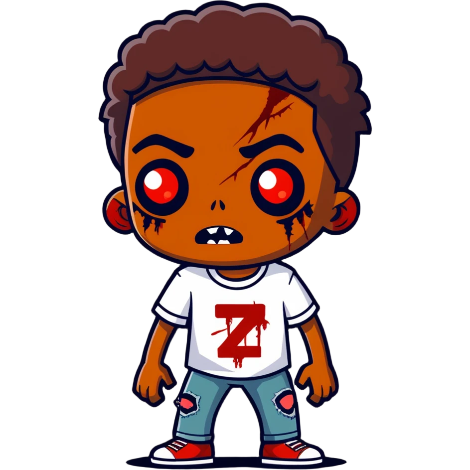 brown-skinned boy with red eyes, zombie face, sticker style emoji