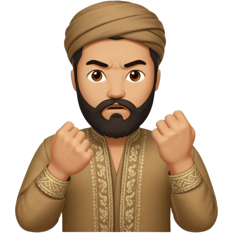 uzbek bearded man with national outfit shows his fist angry emoji