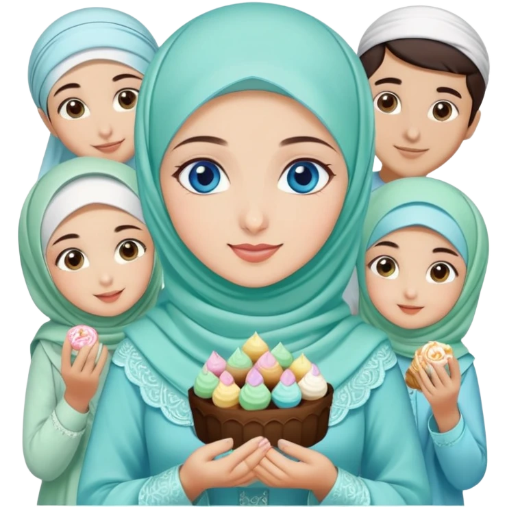 Turkish beautiful finish Konya girl blue eyes with mint hijab islamic dress and had on her hand sweets and celebrating with her friends eid days   emoji