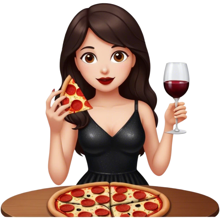 Beautiful woman in 1950’s woman fashion look, black shimmery dress, long dark brown hair, red wine, Pepperoni pizza emoji