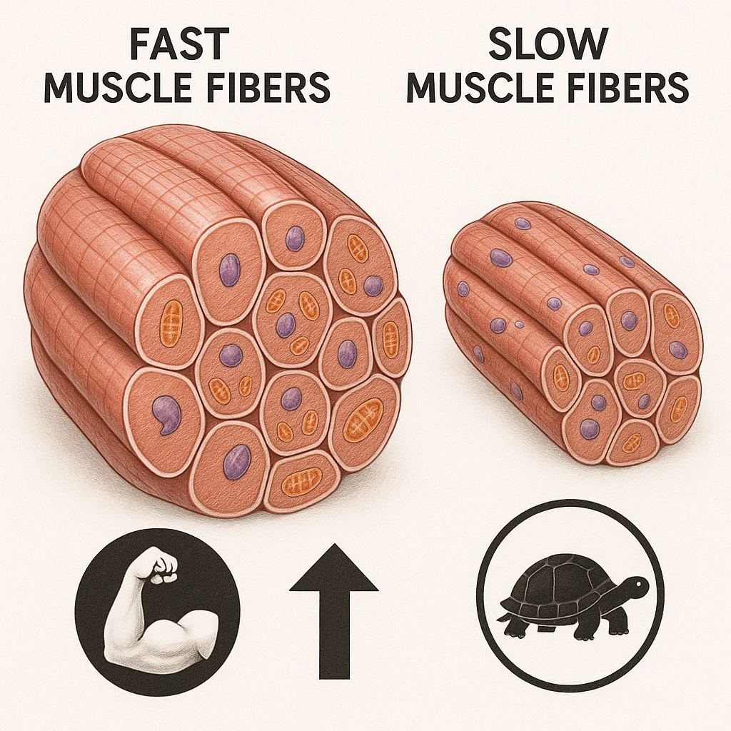 hyper realistic illustration comparing fast and slow muscle fibers, fast fibers appear very hypertrophic and bulky, icons of power and growth, cellular details, educational atmosphere, white background emoji