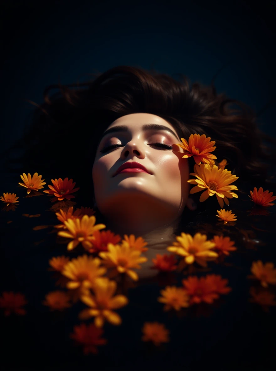 Camera drom top, Motion blur Extreme Closeup photo of a beautifull woman lay around beautifull colorfull flowers in water, cinematic light, 8K, very detailed, sharp, depth (foreground, midground, background) Spotlight, dark environemnt, blue and orange colors emoji