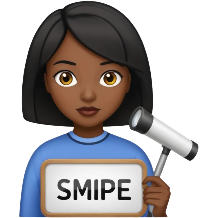 Dark skin woman with black bob in hair holding sign that says snipe  emoji