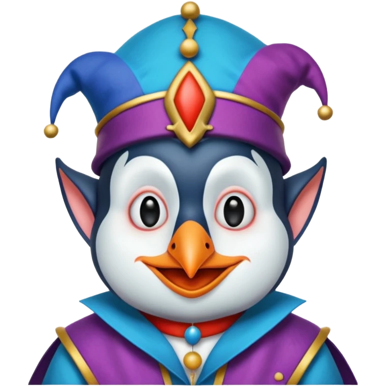 crazy colorful cute penguin jolly joker, medieval, vintage, court jester, mac os icon, blue color emoji