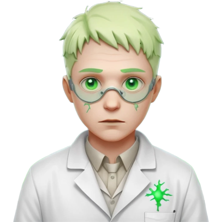 laboratory mutant portrait, head and shoulders only, glowing green veins, torn lab coat collar, mutated eyes, sci-fi experiment vibe, 3D cartoon, mobile game icon style, clean background, no text, no watermark

 emoji