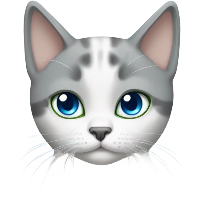 grey and white shorthair cat, one blue eye and one green eye emoji