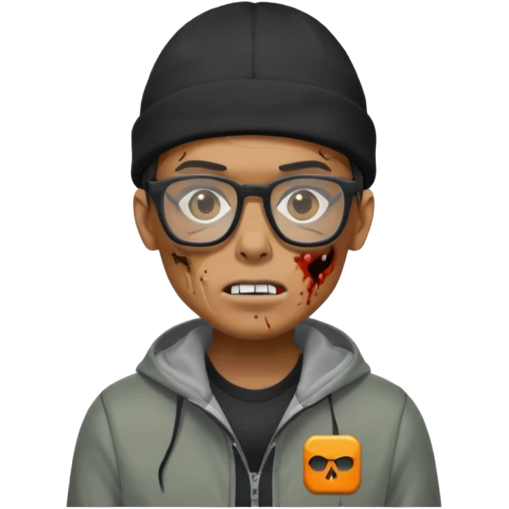 Hazme un zombie con gafas cuadradas y el marco negro y un gorro negro y un saco Nike tech gris y haz el personaje moreno  emoji