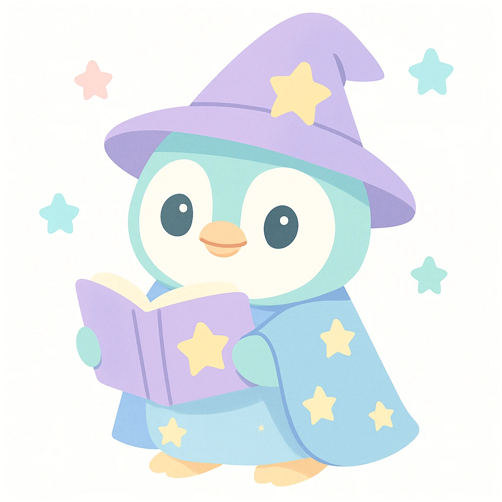 charming penguin wizard holding a spellbook, wearing a starry robe, fantasy style, cute emoji
